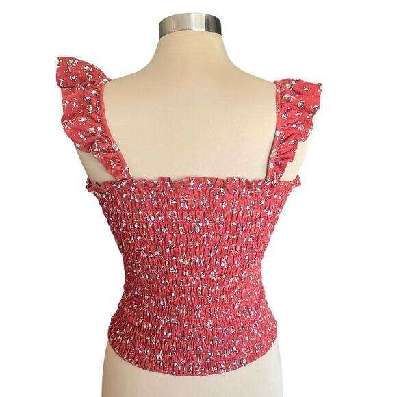 Lucky Brand Red Ditsy Floral Ruffled Crop Smocked Cami Tank LARGE Y2K Coquette - Picture 4 of 9